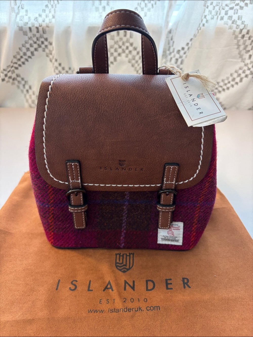Islander UK Mini Jura Backpack. Brown Leather and Magenta Plaid Wool. NWT